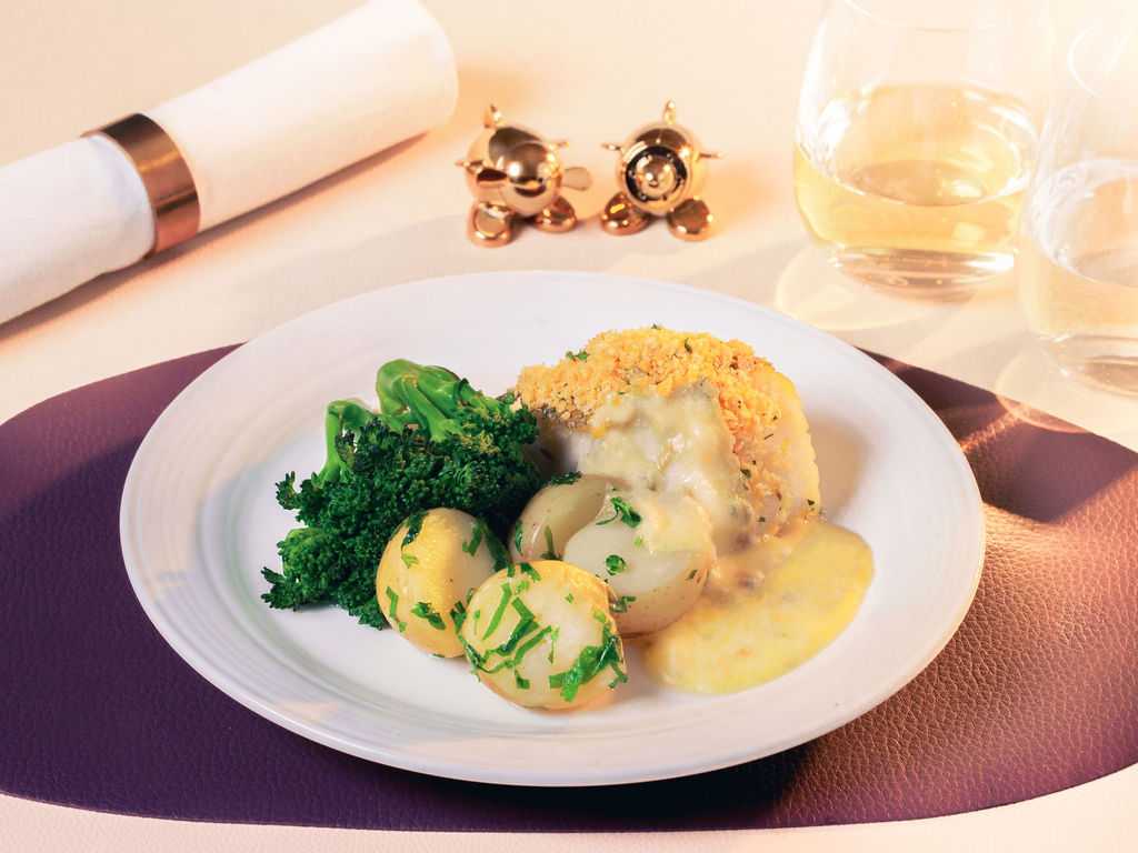 Pre-order exclusive example: Herb crumbed north Atlantic cod fillet – Available in Upper Class from London Heathrow. 