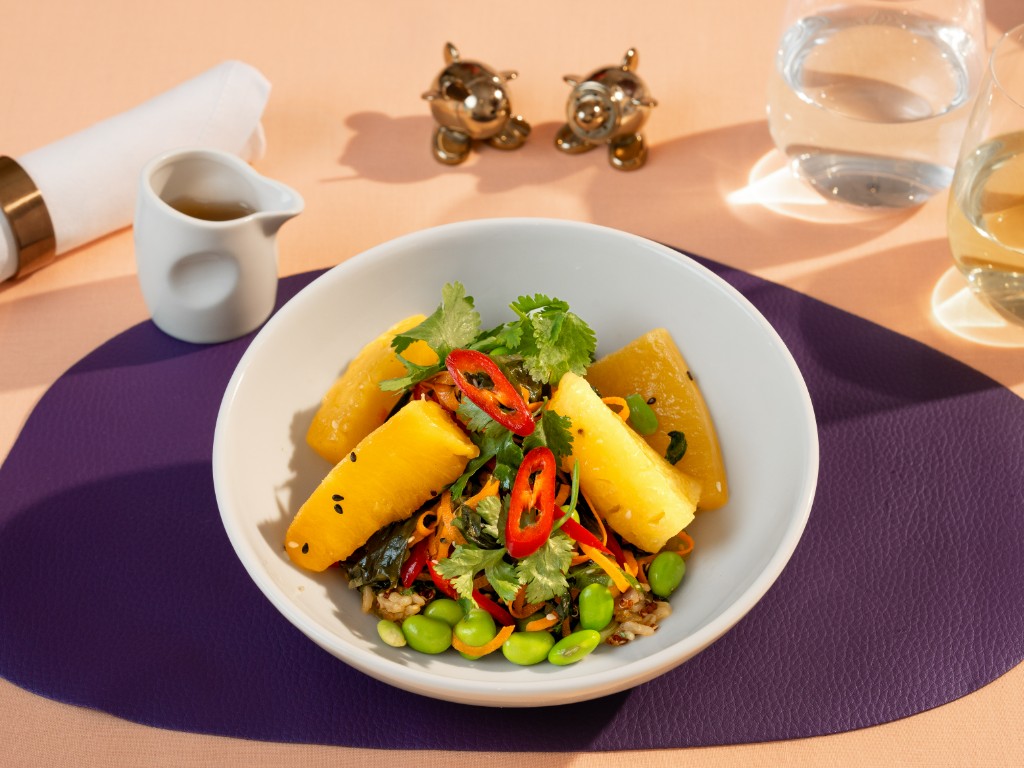 Superfood salad, braised pineapple, quinoa, seaweed salad with sesame edamame, coriander and yuzu dressing (v)