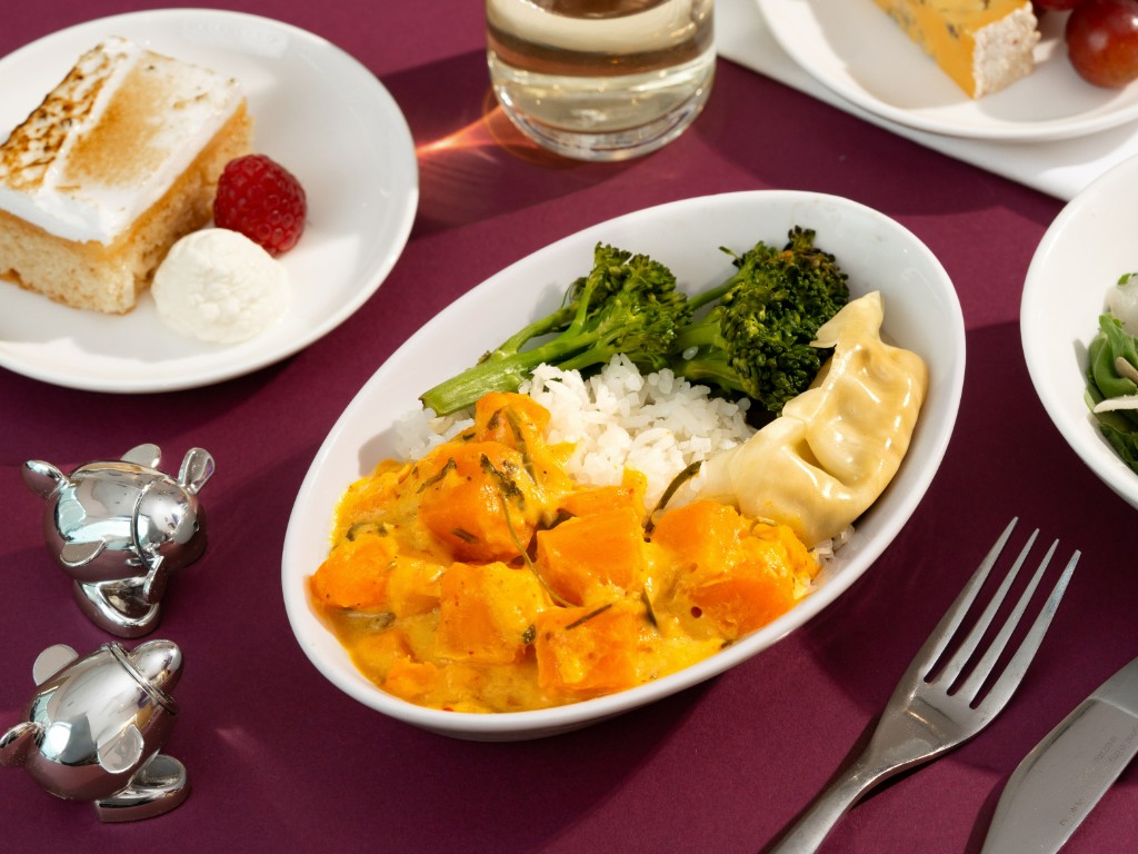 Thai vegetable curry with chilli broccolini and vegetable dumpling (v