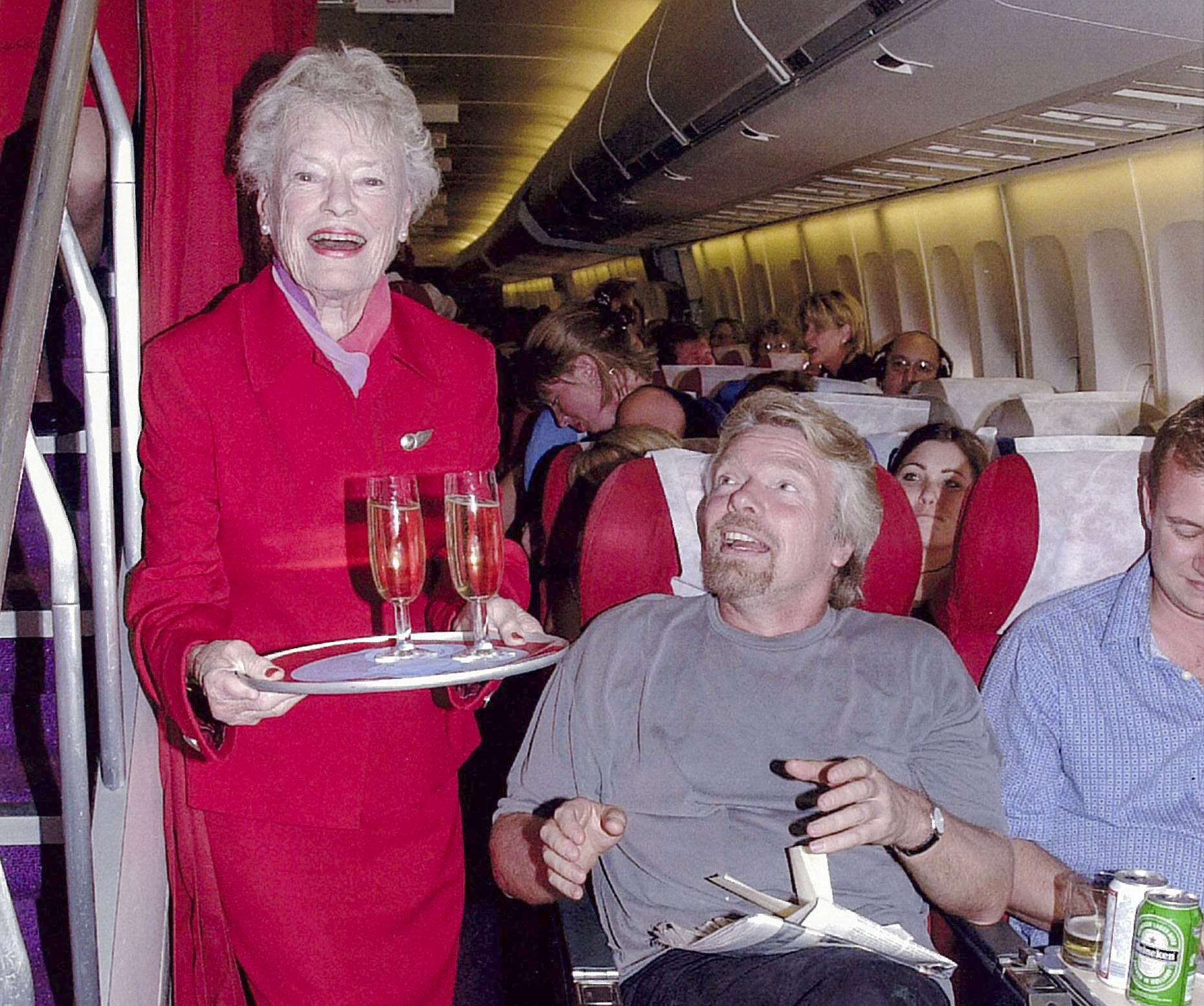 Eve Branson and Richard Branson on a Virgin Atlantic flight